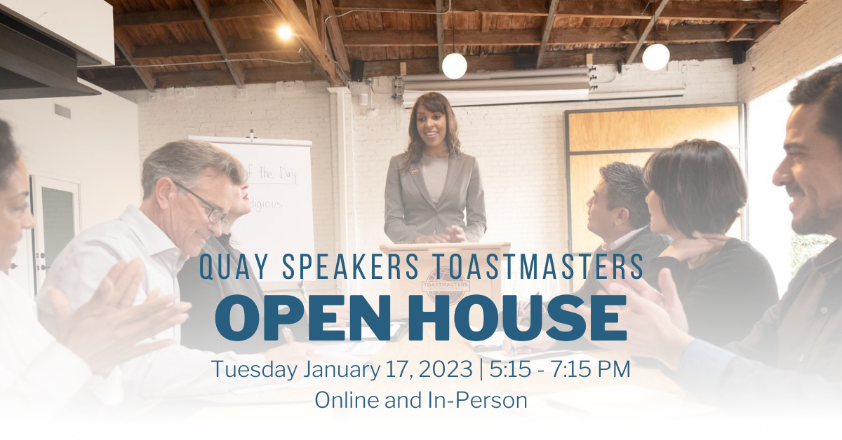 People around a meeting table with text overlaid: Quay Speakers Toastmasters Open House, January 17, 2023, 5:15 PM