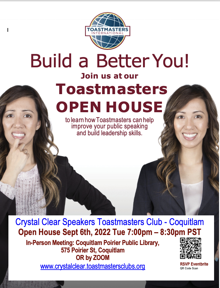 Toastmasters Open House Sept 6th, 2022 Tue 7:00pm - 8:30pm