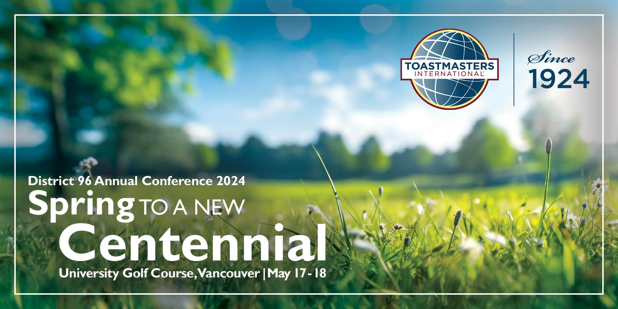 'Spring in a new Centennial' conference theme logo over a blurred image of a field in the spring