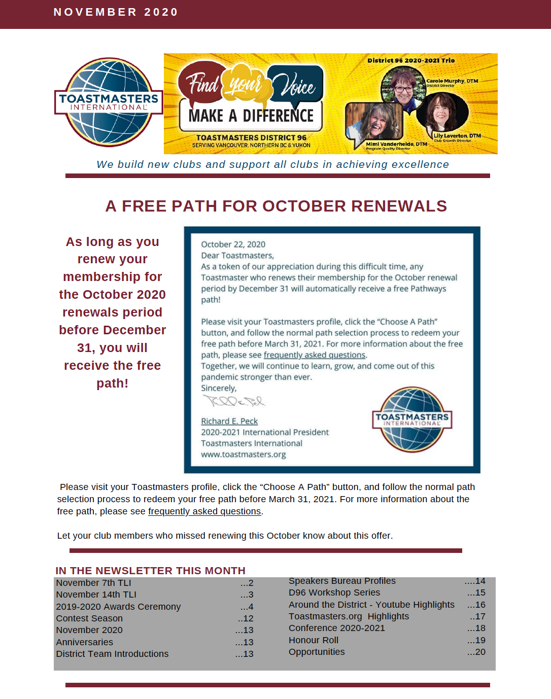A Free Path for October Renewals