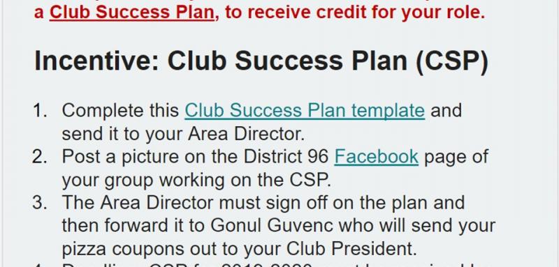 Club Success Plan incentive - deadline November 16, 2019